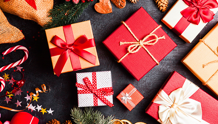 Collection of red and white gift boxes