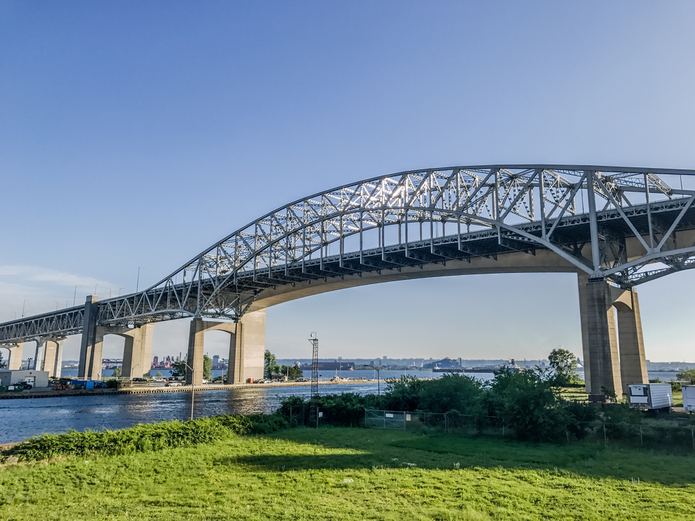 View of Burlington Bridge from the riverbank