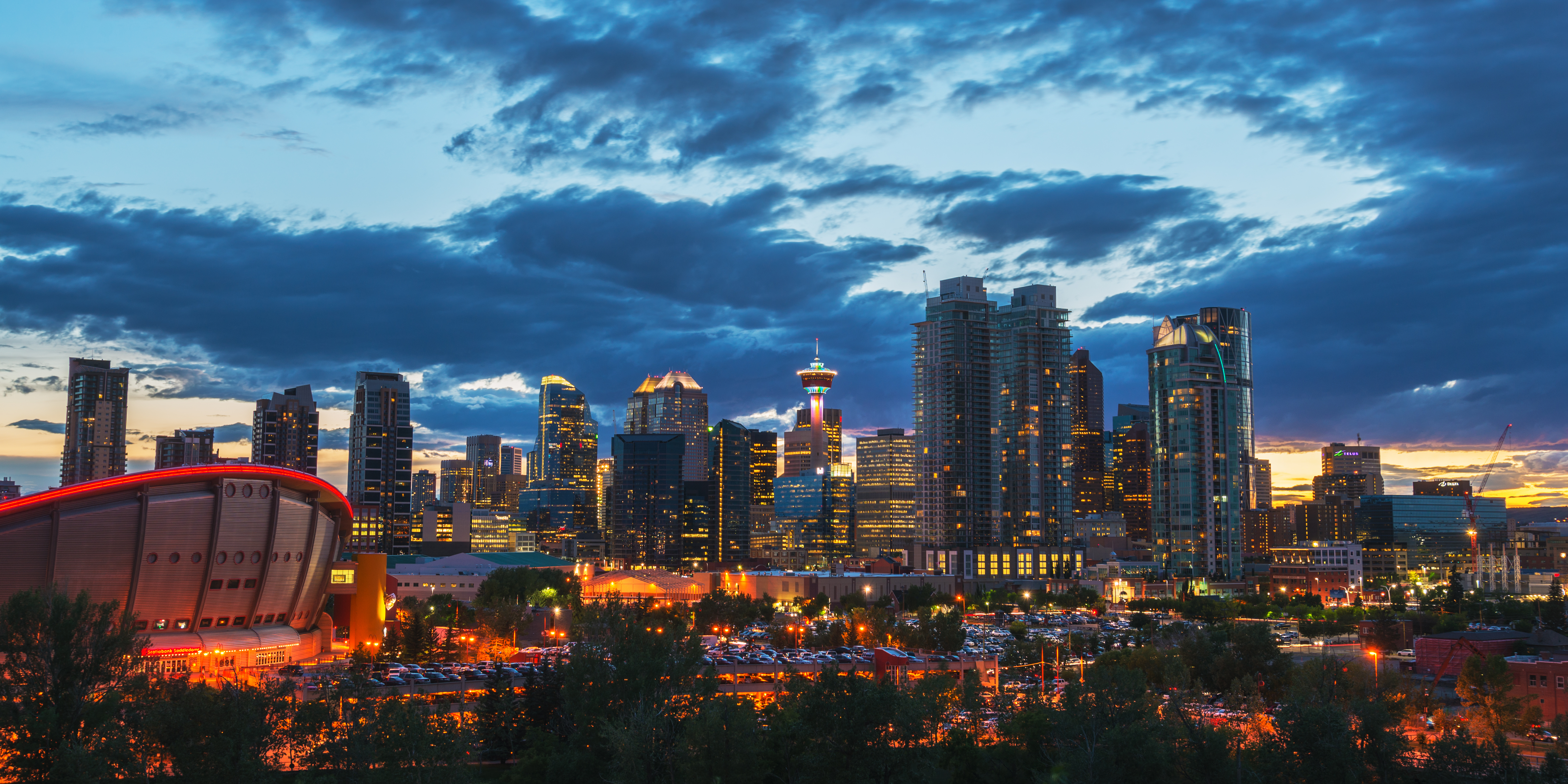 View of Calgary skyline at sunset